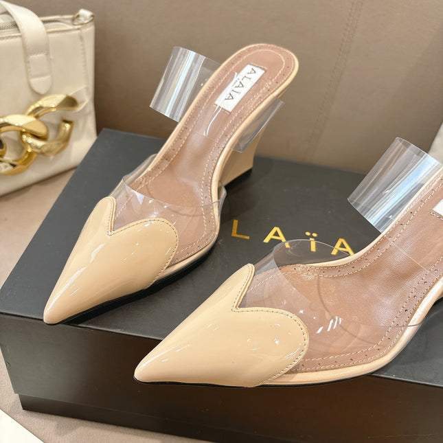 ALAIA 26S HIGH-HEEL WEDGE MULES 95 MM IN BEIGE GLOSSY CALFSKIN