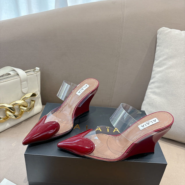 ALAIA 26S HIGH-HEEL WEDGE MULES 95 MM IN DARK RED GLOSSY CALFSKIN