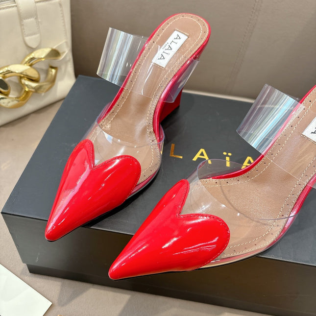 ALAIA 26S HIGH-HEEL WEDGE MULES 95 MM IN RED GLOSSY CALFSKIN