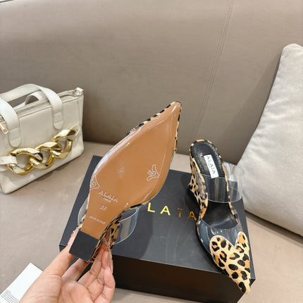 ALAIA 26S HIGH-HEEL WEDGE MULES 95 MM IN LEOPARD PRINT PONY HAIR