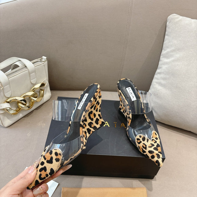 ALAIA 26S HIGH-HEEL WEDGE MULES 95 MM IN LEOPARD PRINT PONY HAIR
