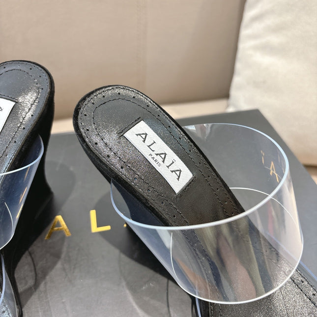 ALAIA 26S HIGH-HEEL WEDGE MULES 95 MM IN BLACK SUEDE