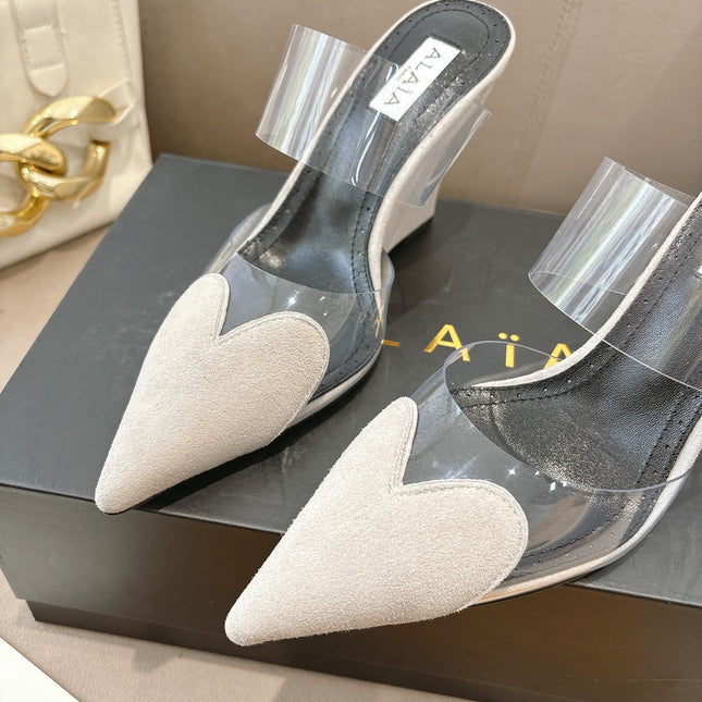 ALAIA 26S HIGH-HEEL WEDGE MULES 95 MM IN OFF WHITE GREY SUEDE