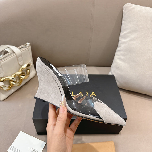 ALAIA 26S HIGH-HEEL WEDGE MULES 95 MM IN OFF WHITE GREY SUEDE