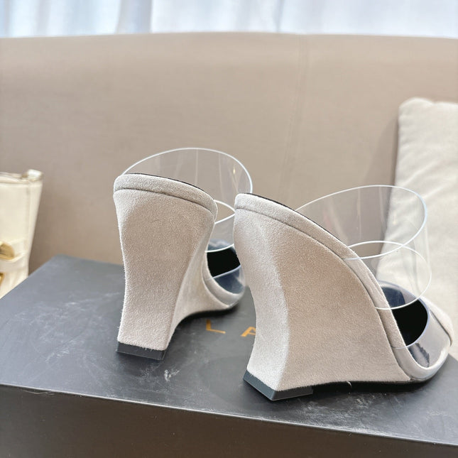 ALAIA 26S HIGH-HEEL WEDGE MULES 95 MM IN OFF WHITE GREY SUEDE