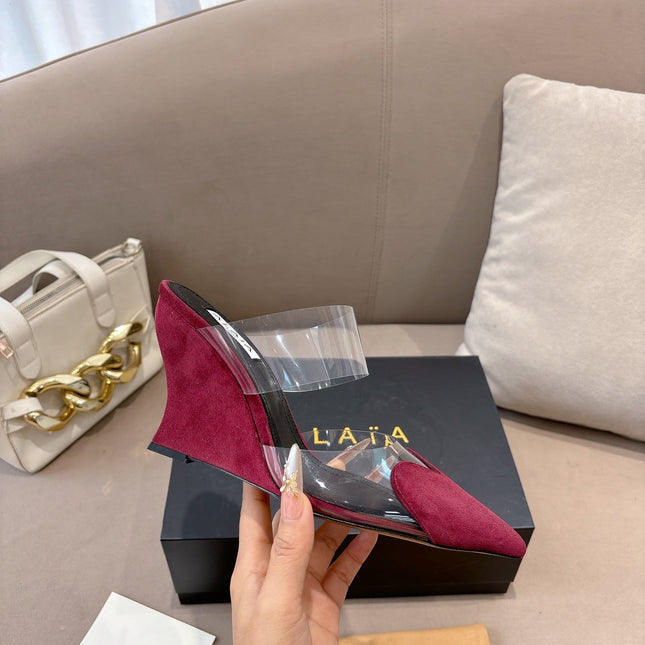 ALAIA 26S HIGH-HEEL WEDGE MULES 95 MM IN DARK RED SUEDE