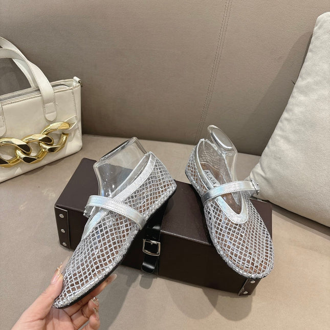 ALAIA 26S MESH FLATS IN SILVER LAMBSKIN