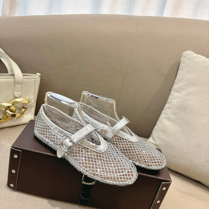 ALAIA 26S MESH FLATS IN SILVER LAMBSKIN