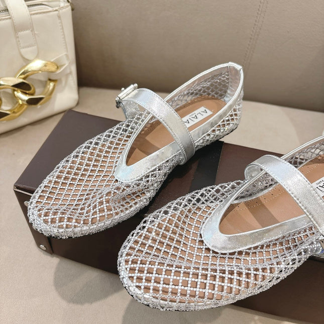 ALAIA 26S MESH FLATS IN SILVER LAMBSKIN