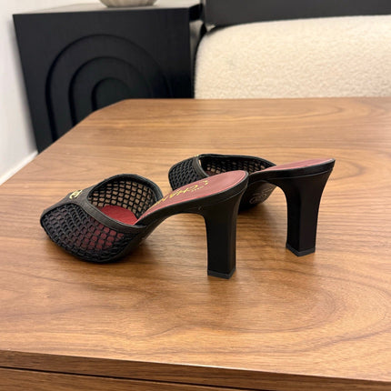 CHANEL 26S COCO BEACH MULES IN BLACK MESH AND FARBIC