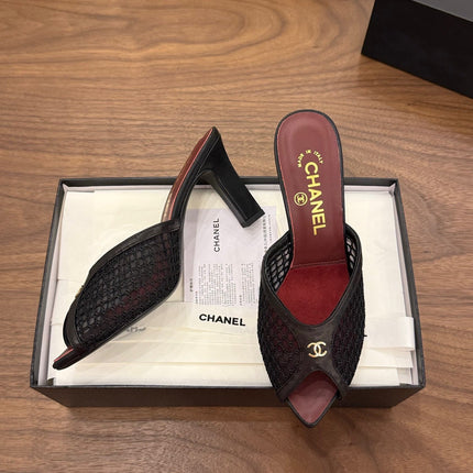CHANEL 26S COCO BEACH MULES IN BLACK MESH AND FARBIC