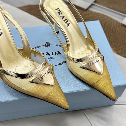 PRADA 25S TRIANGLE LOGO SLINGBACK PUMPS IN GOLD MESH FABRIC