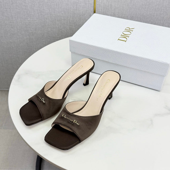 DIOR 26S HIGH-HEELED MULES IN DARK BROWN SATIN GOLD HARDWARE