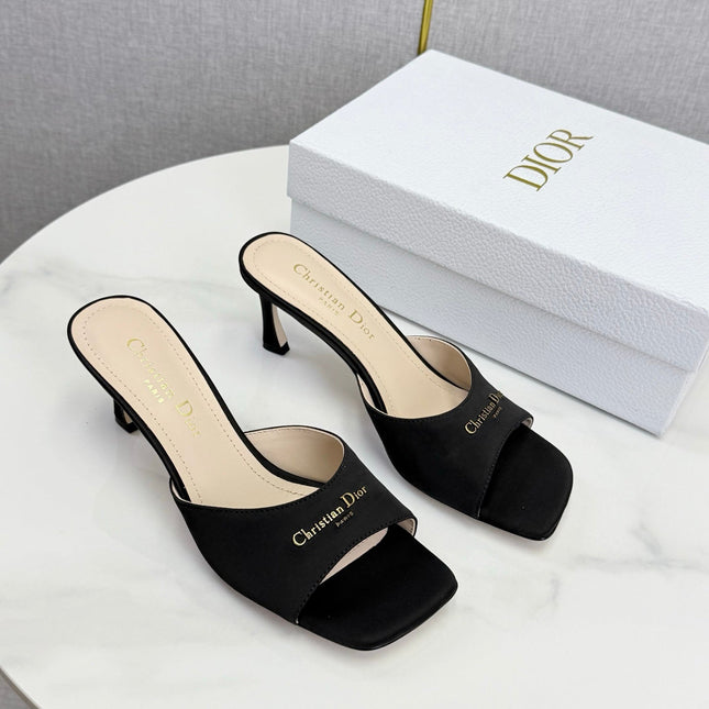 DIOR 26S HIGH-HEELED MULES IN BLACK SATIN GOLD HARDWARE