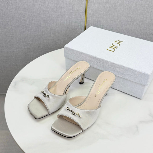 DIOR 26S HIGH-HEELED MULES IN LIGHT GRAY SATIN GOLD HARDWARE