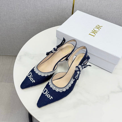 DIOR 26S SLINGBACK PUMPS IN NAVY BLUE FABRIC EMBOSSED LOGO