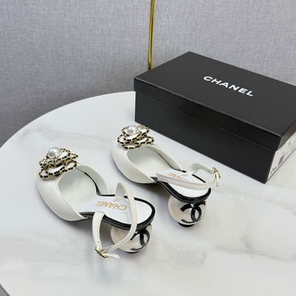 CHANEL 26S CAMELLIA PEARL SLINGBACKS IN WHITE CALFSKIN