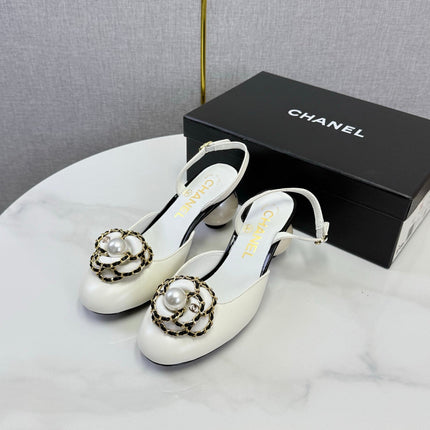 CHANEL 26S CAMELLIA PEARL SLINGBACKS IN WHITE CALFSKIN