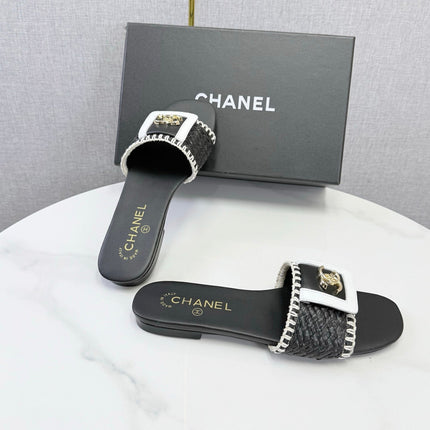 CHANEL 26S WOVEN STRAP SLIDES IN BLACK LAMBSKIN