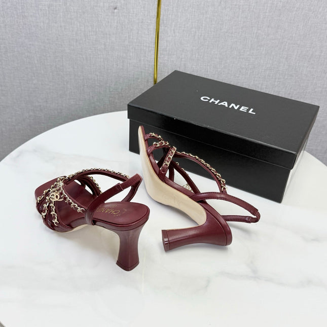 CHANEL 26S CHAIN STRAP HIGH HEELS 80 MM IN DARK RED LAMBSKIN