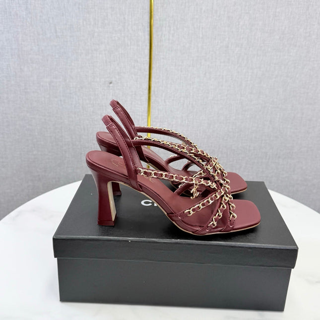 CHANEL 26S CHAIN STRAP HIGH HEELS 80 MM IN DARK RED LAMBSKIN