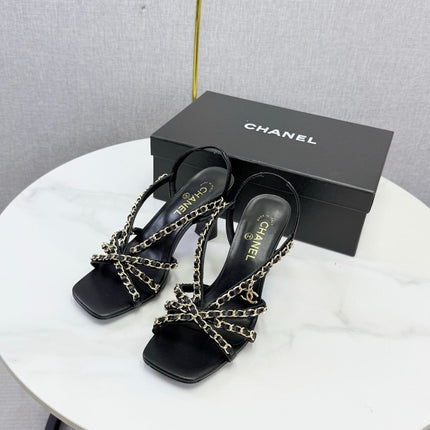 CHANEL 26S CHAIN STRAP HIGH HEELS 65 MM IN BLACK LAMBSKIN