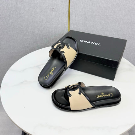 CHANEL 26S ICONIC CC SLIDES IN BEIGE LAMBSKIN