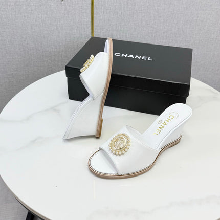 CHANEL 26S WEDGE HEELS IN WHITE LAMBSKIN WITH CC PEARL EMBELLISHED