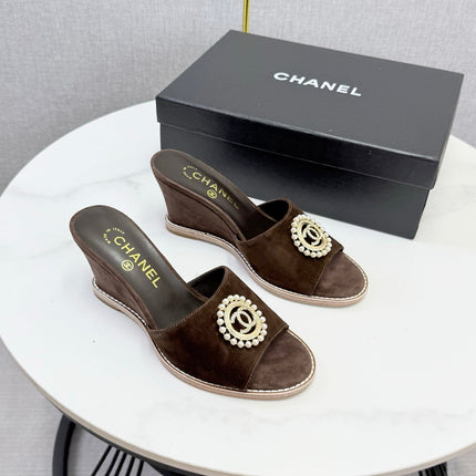 CHANEL 26S WEDGE HEELS IN DARK BROWN SUEDE WITH CC PEARL EMBELLISHED