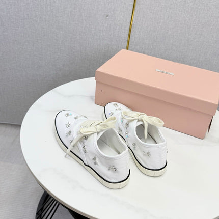 MIUMIU 26S EMBELLISHED SNEAKERS IN WHITE FABRIC