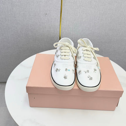MIUMIU 26S EMBELLISHED SNEAKERS IN WHITE FABRIC