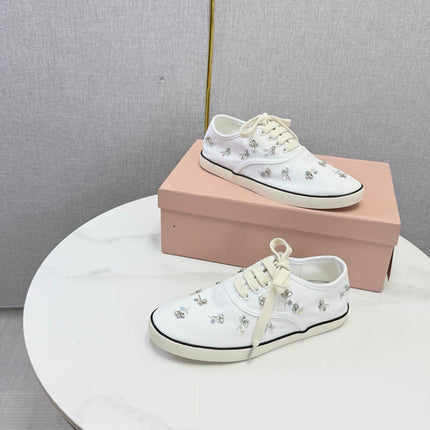 MIUMIU 26S EMBELLISHED SNEAKERS IN WHITE FABRIC