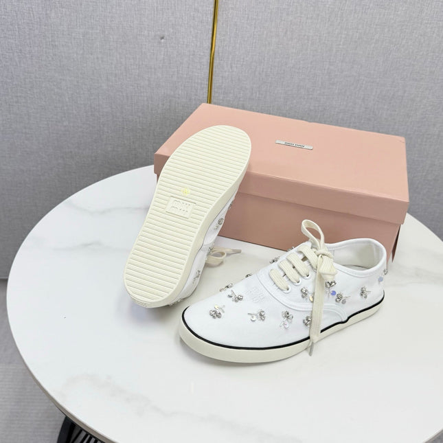 MIUMIU 26S EMBELLISHED SNEAKERS IN WHITE FABRIC