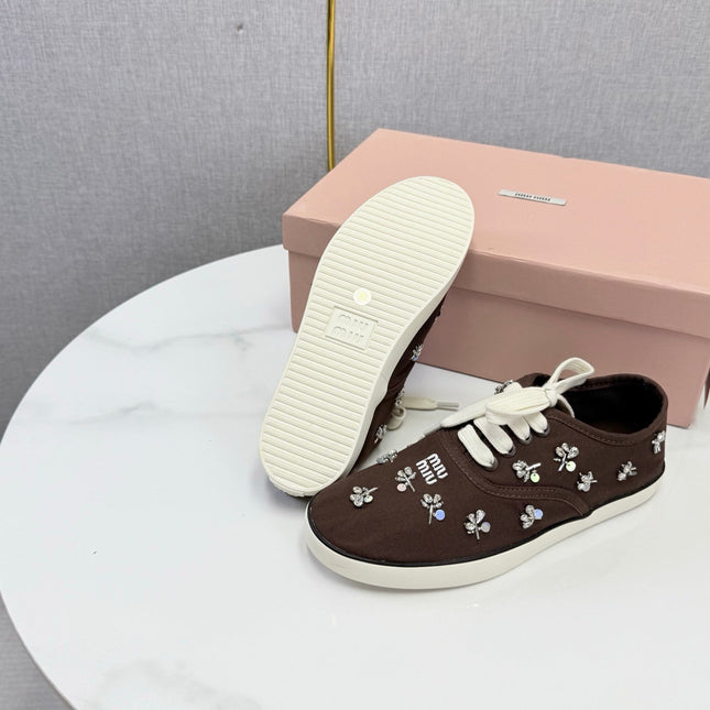 MIUMIU 26S EMBELLISHED SNEAKERS IN DRAK BROWN FABRIC