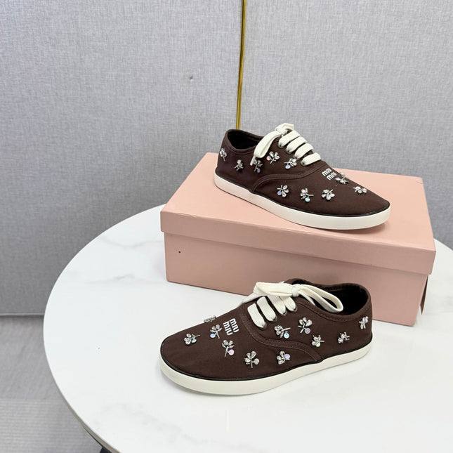 MIUMIU 26S EMBELLISHED SNEAKERS IN DRAK BROWN FABRIC