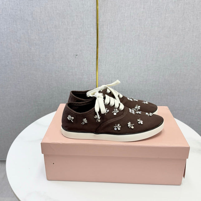 MIUMIU 26S EMBELLISHED SNEAKERS IN DRAK BROWN FABRIC