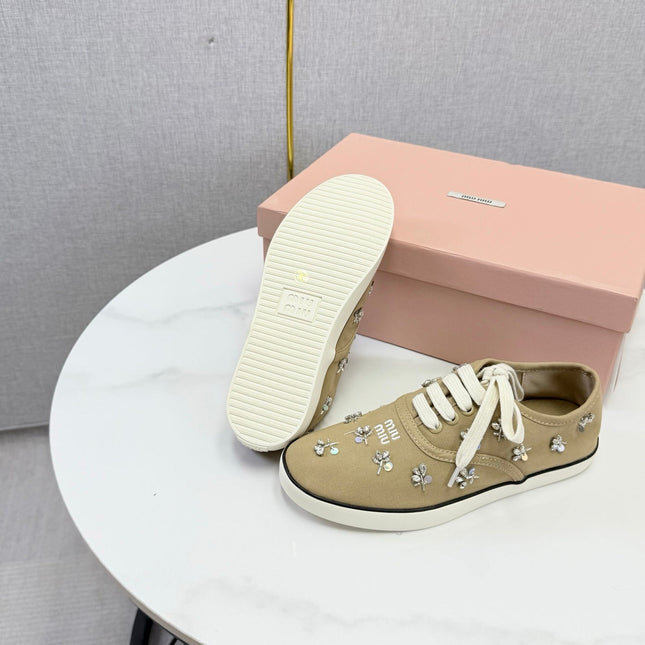 MIUMIU 26S EMBELLISHED SNEAKERS IN CHESTNUT BROWN FABRIC