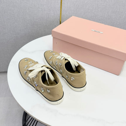 MIUMIU 26S EMBELLISHED SNEAKERS IN CHESTNUT BROWN FABRIC