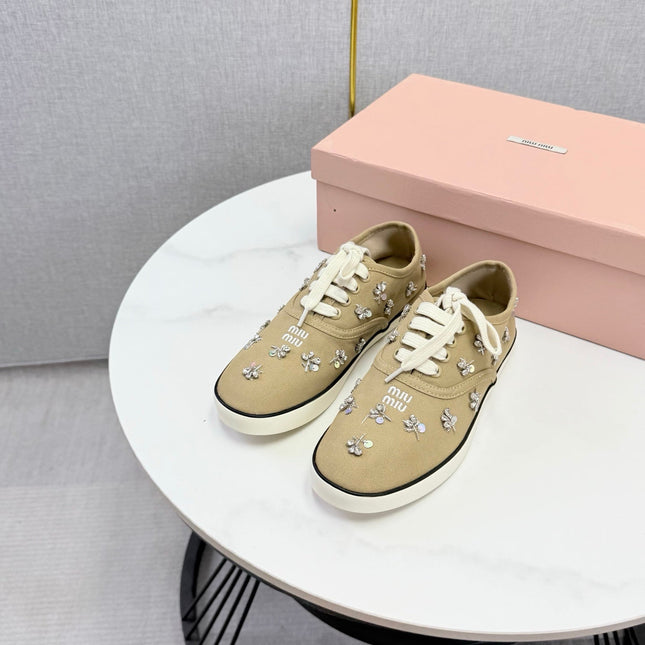 MIUMIU 26S EMBELLISHED SNEAKERS IN CHESTNUT BROWN FABRIC