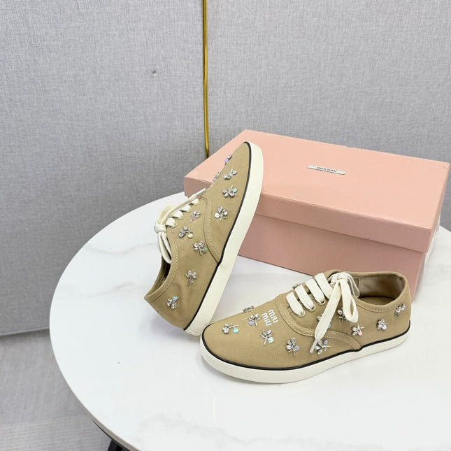 MIUMIU 26S EMBELLISHED SNEAKERS IN CHESTNUT BROWN FABRIC