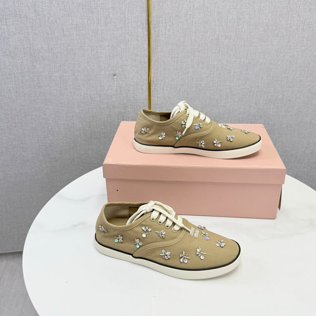 MIUMIU 26S EMBELLISHED SNEAKERS IN CHESTNUT BROWN FABRIC