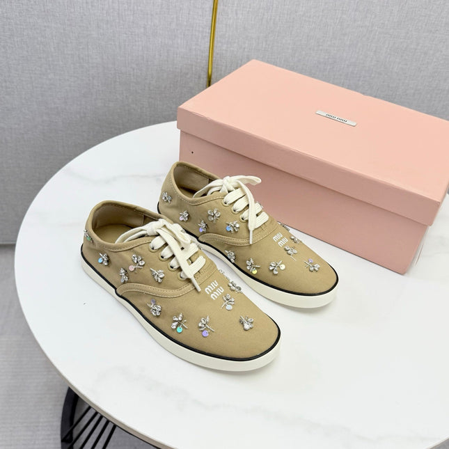 MIUMIU 26S EMBELLISHED SNEAKERS IN CHESTNUT BROWN FABRIC