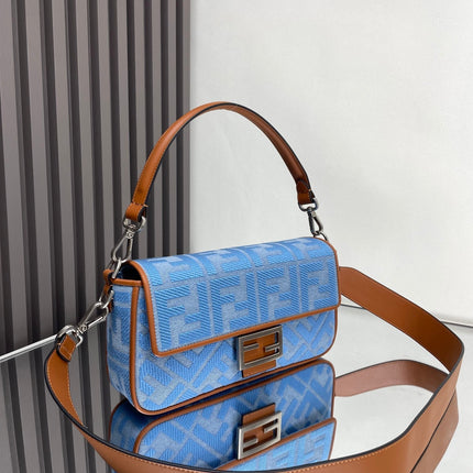 Fend Baguette Blue Brown Canvas Bag 27 with FF Embroidery Ghw