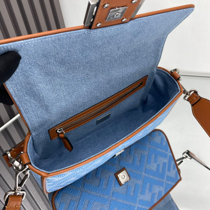 Fend Baguette Blue Brown Canvas Bag 27 with FF Embroidery Ghw