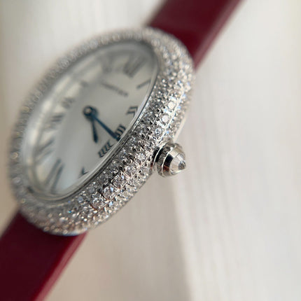 BAIGNOIRE WATCH SILVER CASE WITH CRYSTALS AND JAM RED LEATHER