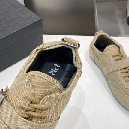 PRADA 26S SNEAKERS IN LIGHT BROWN FABRIC SILVER HARDWARE
