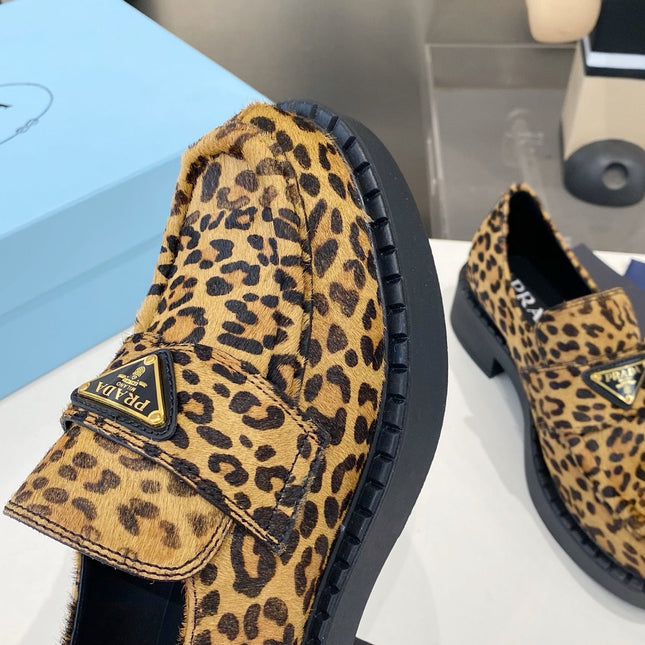 PRADA 26S LOAFERS IN BROWN LEOPARD PRINT PONY HAIR