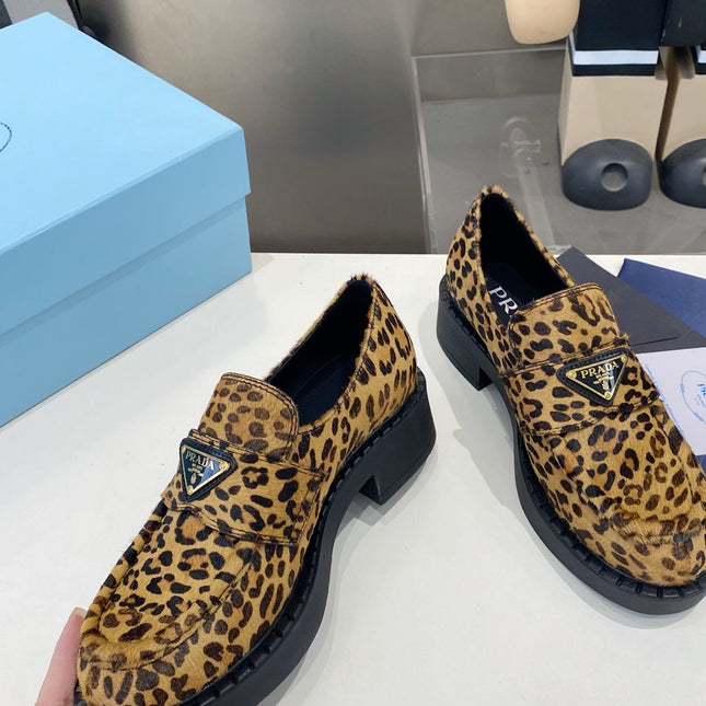 PRADA 26S LOAFERS IN BROWN LEOPARD PRINT PONY HAIR