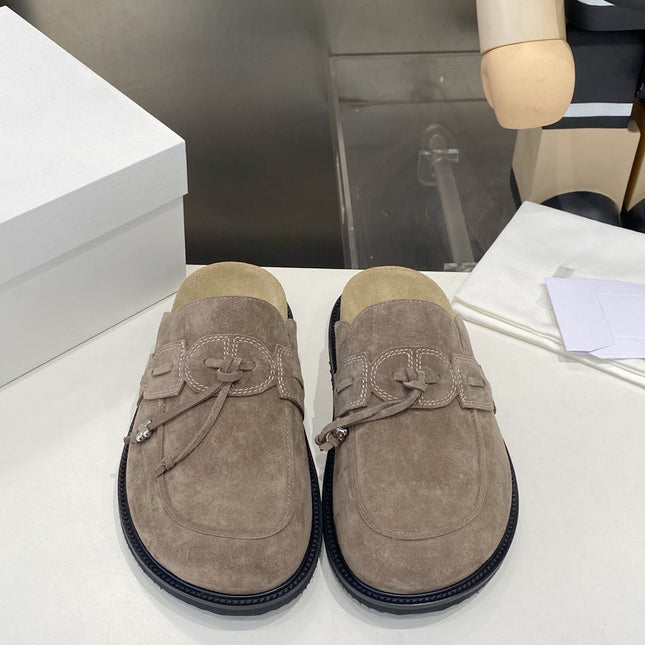 THE ROW 26S KNOT DETAIL MULE LOAFERS IN TAUPE BROWN SUEDE