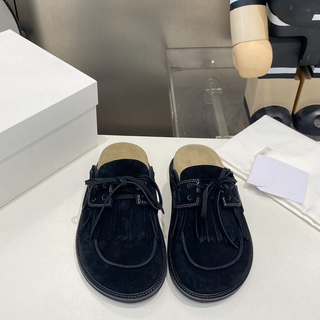 THE ROW 26S FRINGE LACE UP MULES IN BLACK SUEDE